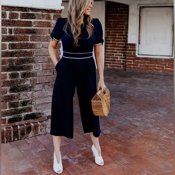 Eliza J Size 4 Navy Blue Contrast Trim Short Sleeve Bows Wide Crop Leg Jumpsuit